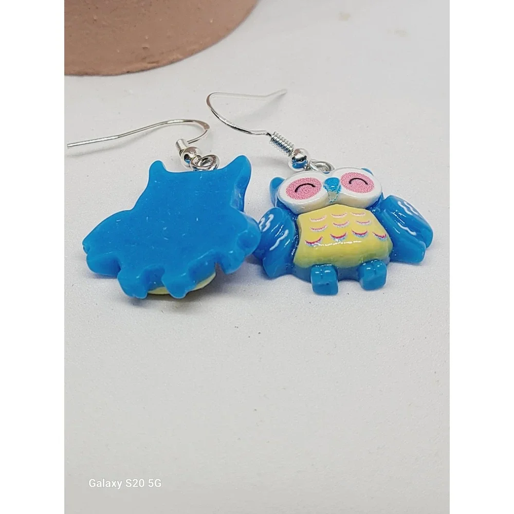 Blue Owl Drop Earrings Whimsical Resin Bird Dangle Silver Tone Hook Jewelry‎